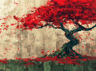 Solitude in Crimson: A Lone Bird Flees from the Red Cascade of Leaves