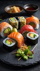 Image of fresh sushi served on a dining table, typical Japanese 61