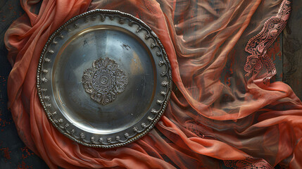 Round silver platter besides silk scarf on table