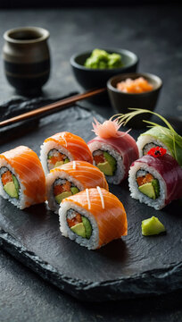Image of fresh sushi served on a dining table, typical Japanese 62