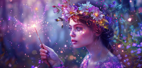 Fototapeta premium A beautiful young woman, dressed in colorful and wearing an iridescent headband with flowers in her hair, holds up a magic wand that shines light from it