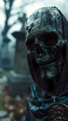 Macabre Ghoul Lurking in the Shadows of a Graveyard,Blending with the Darkness in a Cinematic 3D Rendered Scene