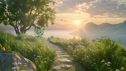 Serene sunrise over mountainous landscape with blooming flowers