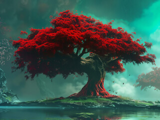 The Eternal Sentinel: A Radiant Red Arboreal Guardian Over Tranquil Waters
