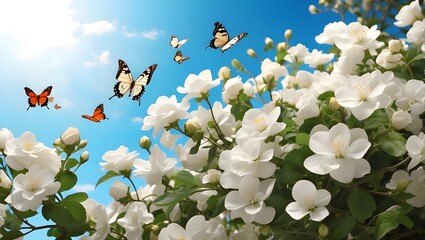 The white blossoms of the verdant trees are adorned with vibrant, lovely butterflies, creating an incredibly lovely sight of verdant surroundings and a brightly beaming sun all around. Duplicate the i - obrazy, fototapety, plakaty