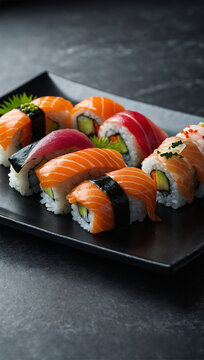 Image of fresh sushi served on a dining table, typical Japanese 52