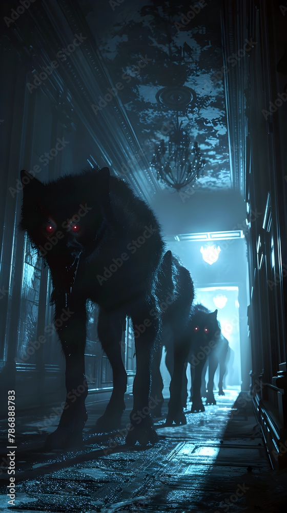 Wall mural Malevolent Beasts Prowl the Haunted Mansion,Their Glowing Eyes Piercing the Shadows in a Cinematic,Photographic Style