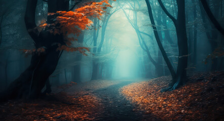 Mystical forest with fog and autumn leaves in the woods, forest path in an enchanted fairytale...