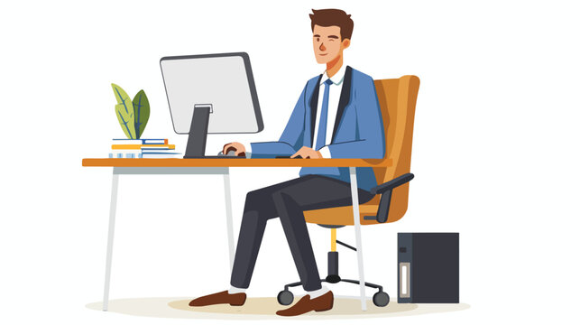 Business man working on desktop computer sitting