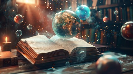 A surreal scene of an ancient spell book open on a modern, minimalist desk, surrounded by floating, colorful orbs of light - obrazy, fototapety, plakaty