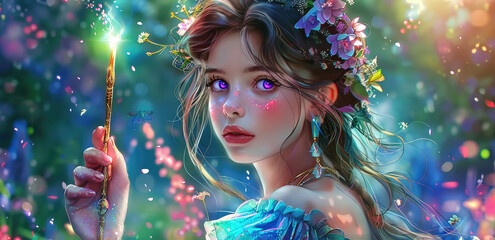 A beautiful young woman, dressed in colorful and wearing an iridescent headband with flowers in her hair, holds up a magic wand that shines light from it - obrazy, fototapety, plakaty
