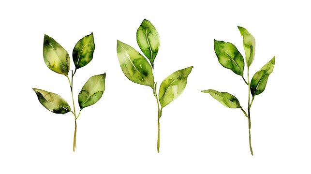 Watercolor leaf stems set on transparent background.