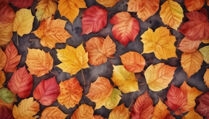 Fototapeta na wymiar colorful watercolor fall leaves background, top view. Fall color concept