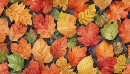colorful watercolor fall leaves background, top view. Fall color concept