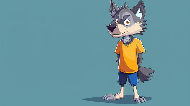 Vector illustration of a funny cartoon wolf wearing a yellow t-shirt and blue shorts,a cartoon wolf wearing a t-shirt and shorts High detailed and high resolution and high quality photo