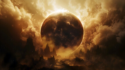 Ominous Eclipse Casts Toxic Shadow Across the Mystical Landscape in 3D Cinematic Rendering - obrazy, fototapety, plakaty