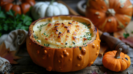 Servings of cheese fondue in pumpkin gourds