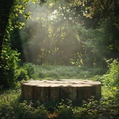 Rustic wood podium in an enchanted forest clearing, morning mist swirling, for storybook reveals