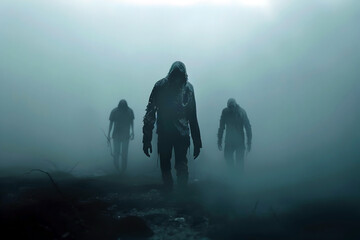 Obraz na płótnie Canvas Ominous Silhouettes Emerging from the Eerie Fog - 3D Render of Decaying Undead Creatures