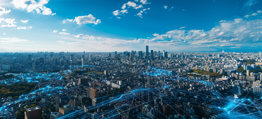 Futuristic Cityscape Interwoven with Digital Networks and Data