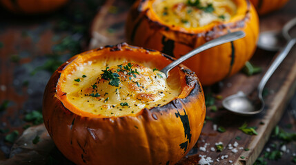 Servings of cheese fondue in pumpkin gourds