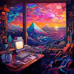 A chilling vibe wallpaper of a workroom which comes with glass walls among the near colorful buildings with a beautiful sunset view. Generative AI.