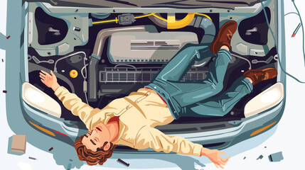 Car mechanic lying down under auto underbody doing re