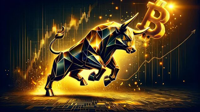 Digital currency Bitcoin and gold bull sculpture. financial market trends. 