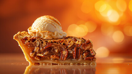 Slice of Pecan Pie with Ice Cream on an Orange