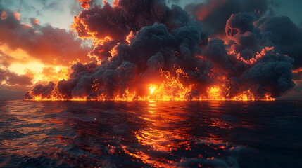 Raging Inferno Engulfing the Environment at Dusk - A Cinematic 3D Rendered of Catastrophic Proportions - obrazy, fototapety, plakaty