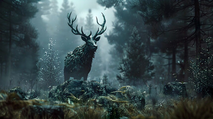 Reanimated Deer Wandering Through the Enchanted Dark Forest Shrouded in Mist and Mystery - obrazy, fototapety, plakaty