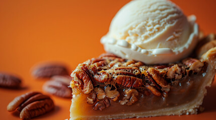 Slice of Pecan Pie with Ice Cream on an Orange