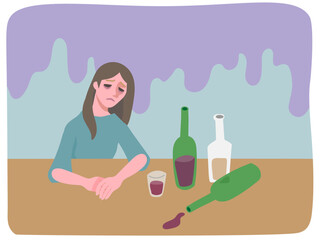 アルコール依存症で落ち込む女性とテーブルに置かれた酒瓶とグラスに入った赤ワインとどんよりと重くのしかかる憂鬱な感情の背景