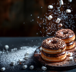 Creative food concept. Marshmallow and sugar spinkle drop over Chocolate chip frosted glaze donut doughnut on dark concrete background with scattered powdered sugar. Copy text space