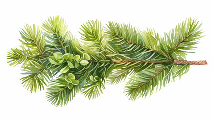 A watercolor painting of a pine branch with green needles and brown cones.