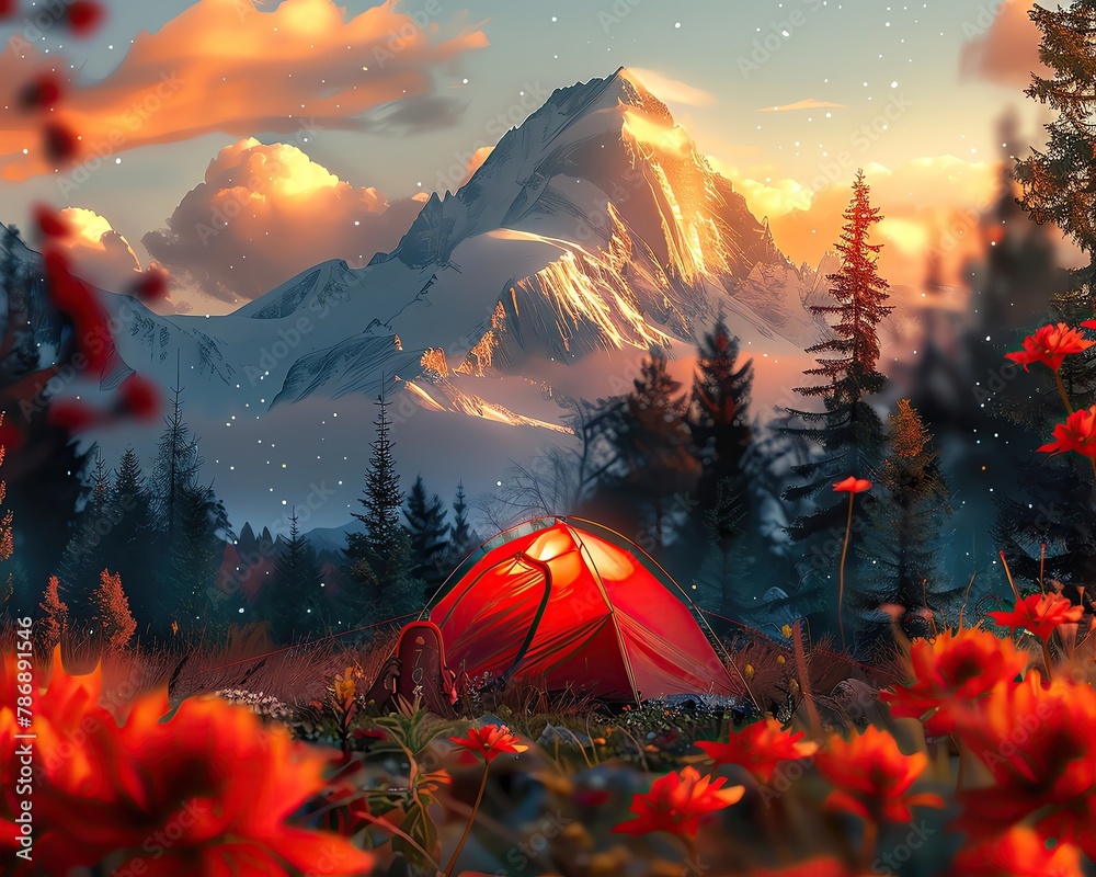 Fototapete craft a striking image of wilderness camping fused with robotic elements, depicted in a vector art f