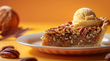 Slice of Pecan Pie with Ice Cream on an Orange