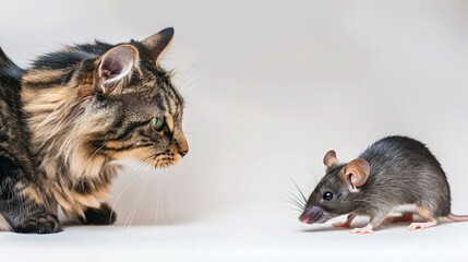 Cat and mouse looking at each other on white background.