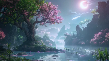 Foto op Canvas A beautiful landscape with a large tree in the center. The tree is covered in pink flowers and there is a river running through the foreground. There are mountains in the background and a blue sky wit © Piyapan