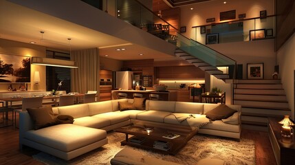 Generate a 3D representation of a cozy and modern interior at night, including a living room, dining area, staircase, and kitchen. - obrazy, fototapety, plakaty