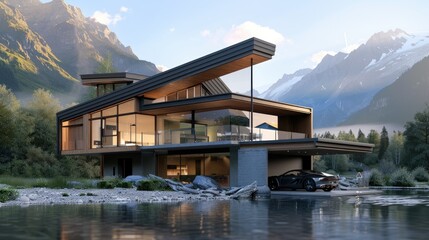 Generate a 3D representation of a modern and inviting riverside house with a garage, offered for sale or rent, surrounded by breathtaking mountains