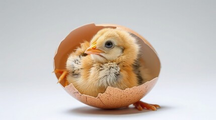 Chick in a broken eggshell on white background. - obrazy, fototapety, plakaty