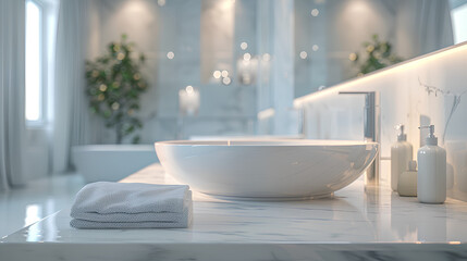 Fototapeta na wymiar White Table Top And Blur Modern white interior Bathroom Of The Background