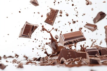 Delicious chocolate bar pieces falling into chocolate splashes, white background.