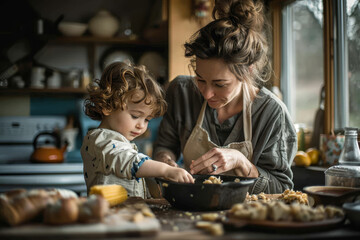A mother lovingly teaches her young child to prepare a fresh salad in a cozy, sunlit kitchen, surrounded by the warmth of home cooking.