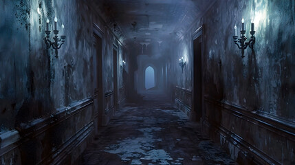 Sinister Ghouls Haunt the Abandoned Mansion,Their Laughter Echoing Through the Isolated Halls in Hyper-Detailed 3D Cinematic Render - obrazy, fototapety, plakaty
