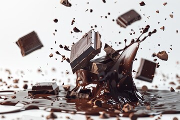 Delicious chocolate bar pieces falling into chocolate splashes, white background.