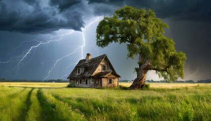 Weathering the Storm: Front View of Dilapidated Wooden House with Majestic Ancient Tree in Thunderstorm"