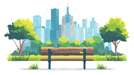 City park with bench with downtown skyscrapers 