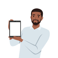 Young man showing or holding blank screen of digital tablet computer in hands. Flat vector illustration isolated on white background